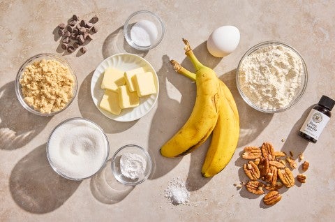 Banana Bread Bars ingredients laid out - select to zoom