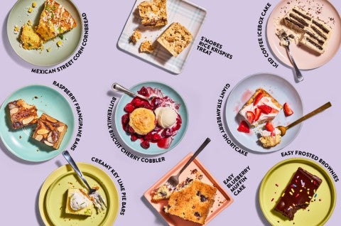 Nine summer recipes against a light purple background, with text descriptions of each recipe name