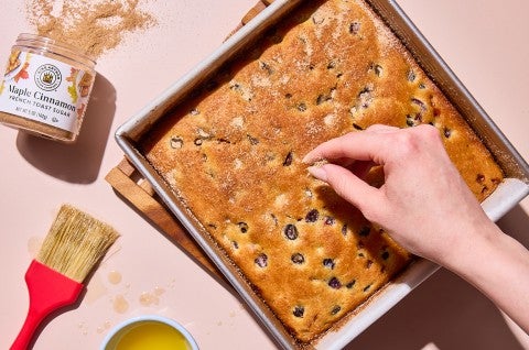 A pan full of Easy Blueberry Muffin Cake - select to zoom