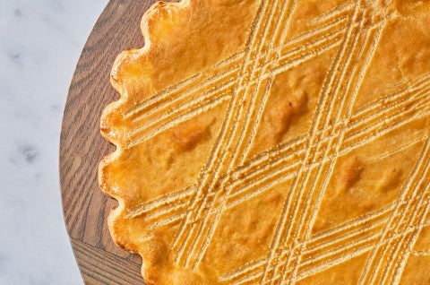 Broyé Du Poitou shortbread from above with scoring across the top. - select to zoom