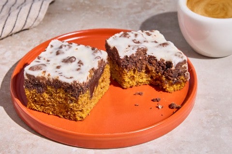 Two slices of Chocolate-Pumpkin Crumb Cake on a plate - select to zoom