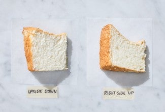 Two slices of angel food cake next to each other, one more sunken than the other