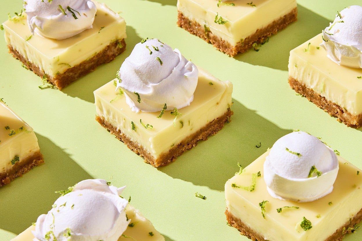 Creamy Key Lime Pie Bars sliced up