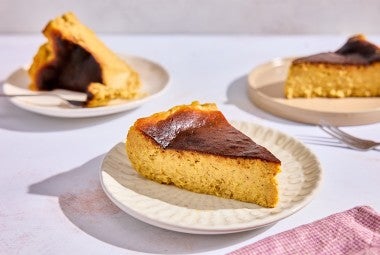 Three pieces of Pumpkin Basque Cheesecake on plates