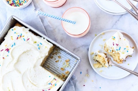 Vanilla Cake Pan Cake in a sheet pan and on a plate - select to zoom