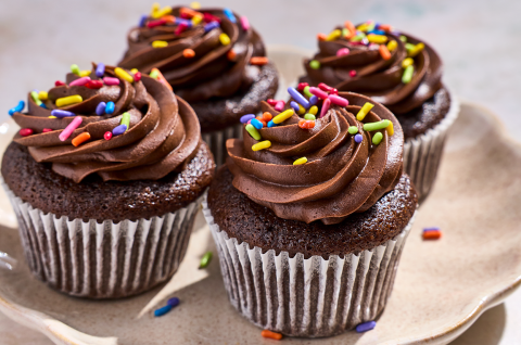 4 Small-Batch Chocolate Cupcakes on a plate with chocolate frosting and sprinkles. - select to zoom